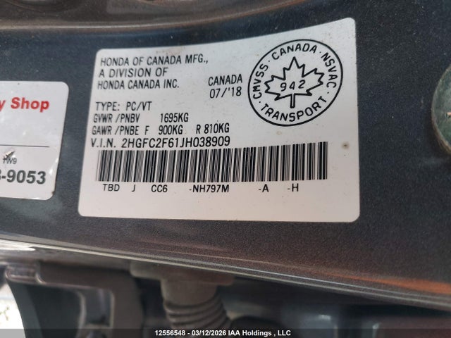 Продаж на аукціоні авто 2018 Honda Civic Lx, vin: 2HGFC2F61JH038909, номер лоту: 12556548