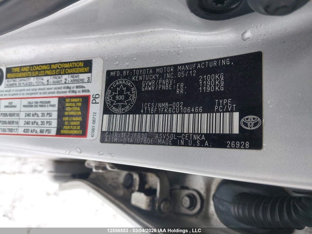 12556553 :رقم المزاد ، 4T1BF1FK6CU106466 vin ، 2012 Toyota Camry Le مزاد بيع