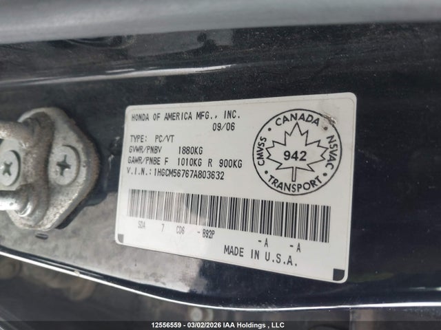 12556559 :رقم المزاد ، 1HGCM56767A803632 vin ، 2007 Honda Accord Ex-l/se مزاد بيع