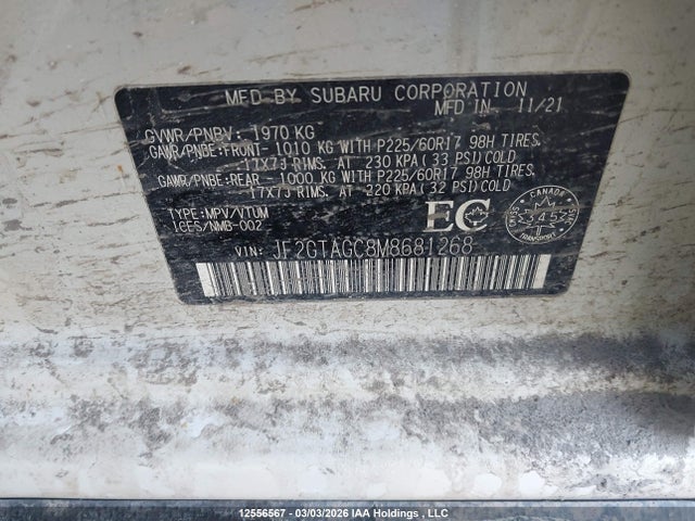 Aukcja sprzedaży 2021 Subaru Crosstrek Sport, vin: JF2GTAGC8M8681268, numer aukcji: 12556567