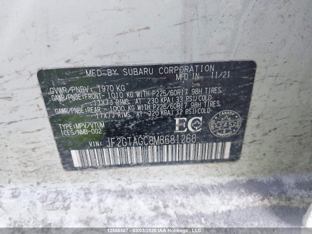 Aukcja sprzedaży 2021 Subaru Crosstrek Sport, vin: JF2GTAGC8M8681268, numer aukcji: 12556567