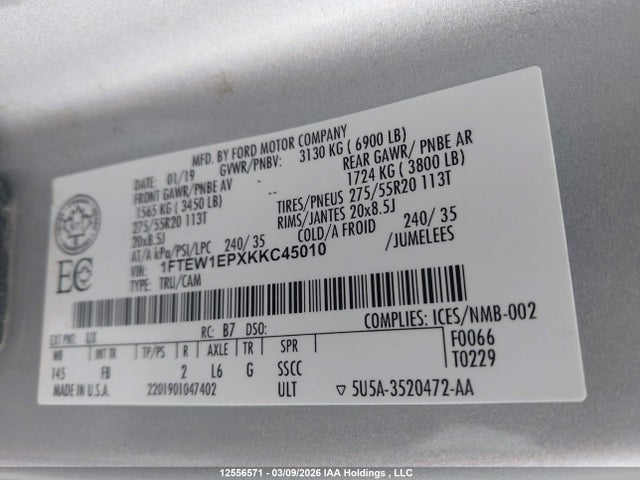 Продаж на аукціоні авто 2019 Ford F-150 Xlt, vin: 1FTEW1EPXKKC45010, номер лоту: 12556571