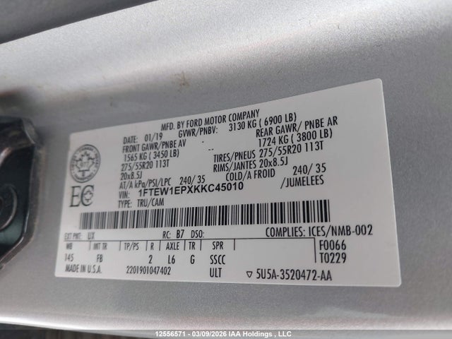 Продаж на аукціоні авто 2019 Ford F-150 Xlt, vin: 1FTEW1EPXKKC45010, номер лоту: 12556571
