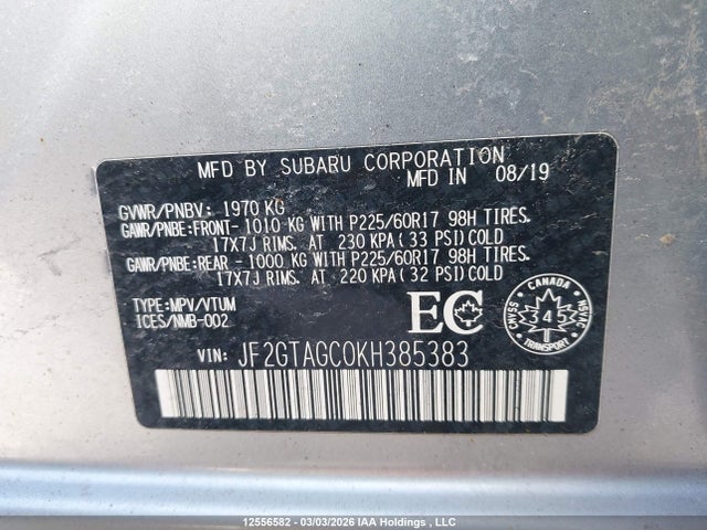 12556582 :رقم المزاد ، JF2GTAGC0KH385383 vin ، 2019 Subaru Crosstrek Sport مزاد بيع