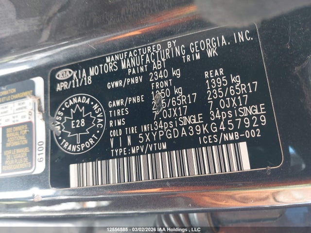 5XYPGDA39KG457929 KIA Sorento 2.4l Lx