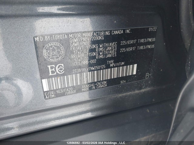 Aukcja sprzedaży 2022 Toyota Rav4 Le, vin: 2T3B1RFV7NW250125, numer aukcji: 12556592