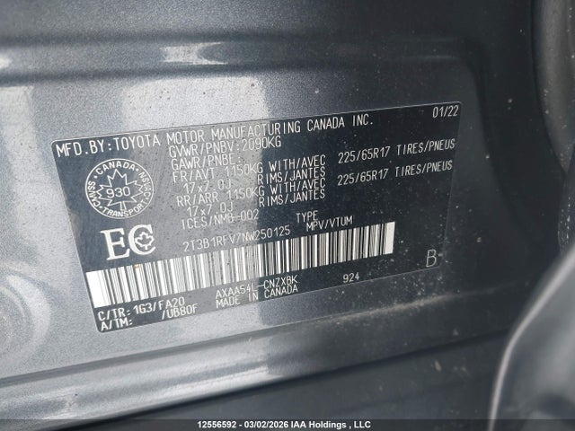 Aukcja sprzedaży 2022 Toyota Rav4 Le, vin: 2T3B1RFV7NW250125, numer aukcji: 12556592