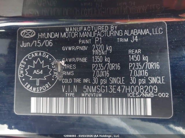 12556593 :رقم المزاد ، 5NMSG13E47H008209 vin ، 2007 Hyundai Santa Fe Gl V6 مزاد بيع