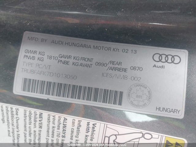 Продажа на аукционе авто 2013 Audi Tt Premium Plus, vin: TRUBFAFK7D1013050, номер лота: 12556599