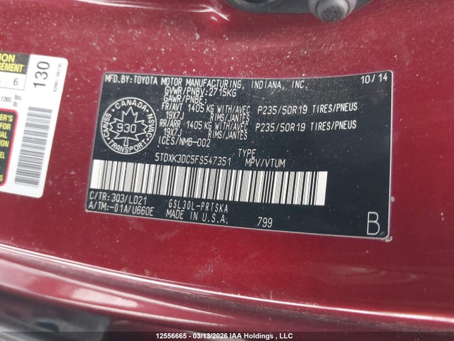 12556665 :رقم المزاد ، 5TDXK3DC5FS547351 vin ، 2015 Toyota Sienna Se 8 Passenger مزاد بيع