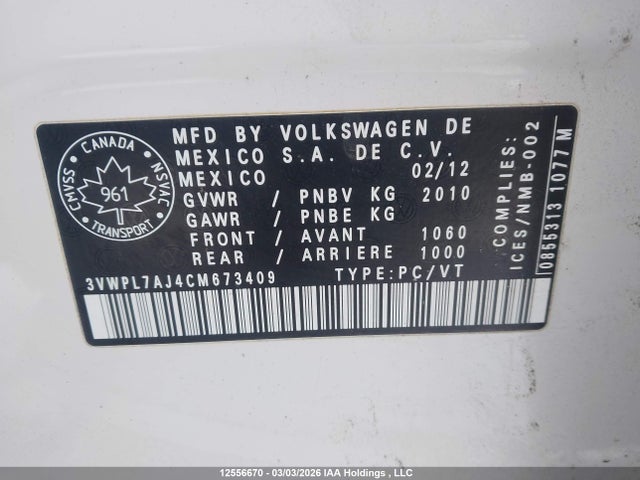 12556670 :رقم المزاد ، 3VWPL7AJ4CM673409 vin ، 2012 Volkswagen Golf 2.0 Tdi Highline/comfortline مزاد بيع