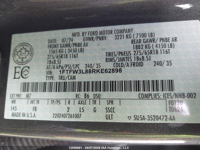 1FTFW3L88RKE62898 Ford F150 Xlt