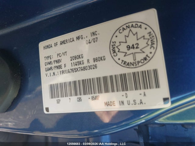 Aukcja sprzedaży 2007 Acura Tl Type S, vin: 19UUA765X7A803026, numer aukcji: 12556683