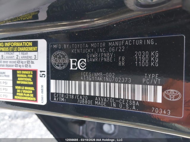 4T1G11AK1NU702373 Toyota CAMRY SE