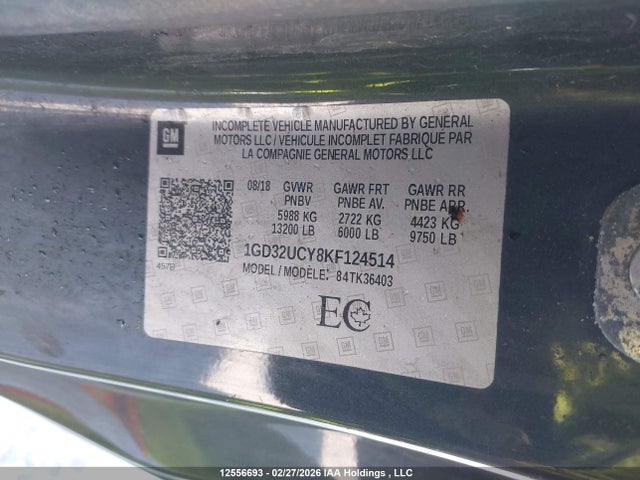 1GD32UCY8KF124514 GMC Sierra 3500hd Chassis Sle
