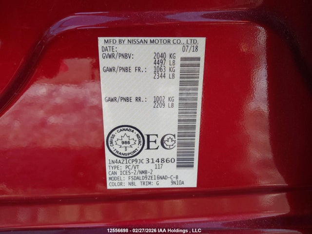 1N4AZ1CP9JC314860 Nissan Leaf S/sv/sl