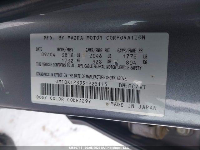 Aukcja sprzedaży 2005 Mazda 3 S, vin: JM1BK123951225115, numer aukcji: 12556715