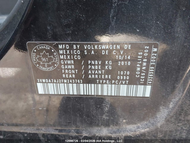 Aukcja sprzedaży 2015 Volkswagen Jetta 2.0 Tdi Comfortline, vin: 3VWDA7AJ2FM243763, numer aukcji: 12556726