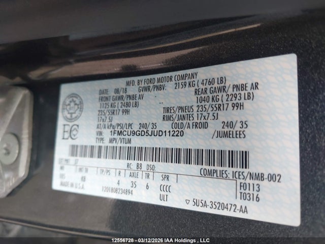 Продаж на аукціоні авто 2018 Ford Escape, vin: 1FMCU9GD5JUD11220, номер лоту: 12556728