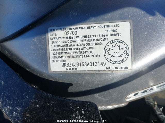 12556729 :رقم المزاد ، JKBZXJB153A013149 vin ، 2003 Kawasaki Zx636 B1 مزاد بيع
