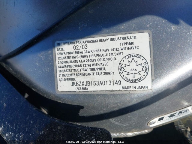 12556729 :رقم المزاد ، JKBZXJB153A013149 vin ، 2003 Kawasaki Zx636 B1 مزاد بيع