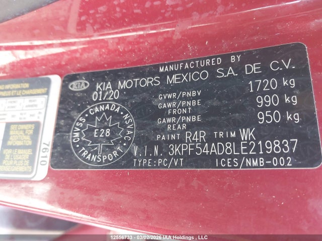 2020 Kia Forte მანქანა იყიდება აუქციონზე, vin: 3KPF54AD8LE219837, აუქციონის ნომერი: 12556733