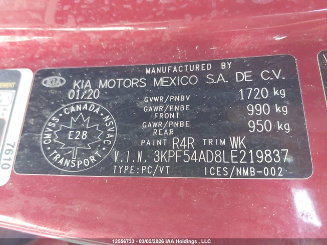 2020 Kia Forte მანქანა იყიდება აუქციონზე, vin: 3KPF54AD8LE219837, აუქციონის ნომერი: 12556733