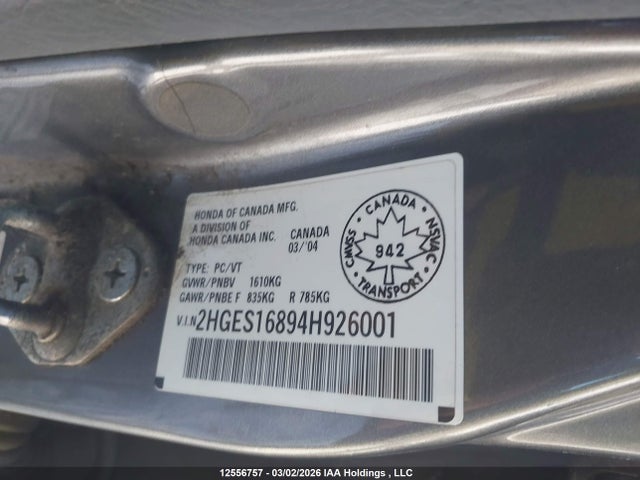 Aukcja sprzedaży 2004 Honda Civic, vin: 2HGES16894H926001, numer aukcji: 12556757