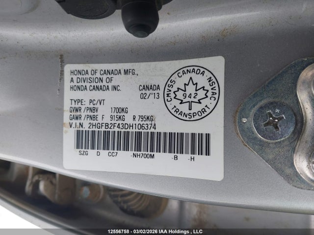 Продаж на аукціоні авто 2013 Honda Civic Lx, vin: 2HGFB2F43DH106374, номер лоту: 12556758