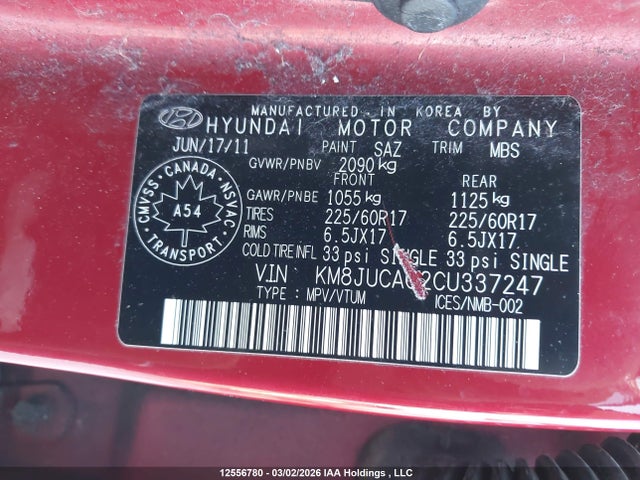 12556780 :رقم المزاد ، KM8JUCAC2CU337247 vin ، 2012 Hyundai Tucson Gls/limited مزاد بيع
