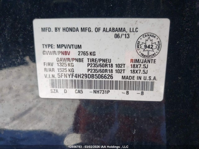 12556783 :رقم المزاد ، 5FNYF4H29DB506626 vin ، 2013 Honda Pilot Lx مزاد بيع