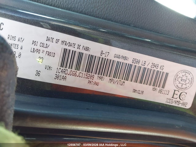 12556787 :رقم المزاد ، 1C4RDJDG6JC115209 vin ، 2018 Dodge Durango Gt مزاد بيع