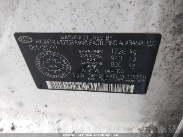 Продаж на аукціоні авто 2012 Hyundai Elantra Gls/limited, vin: 5NPDH4AE0CH118259, номер лоту: 12556788