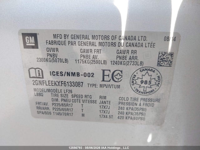 12556793 :رقم المزاد ، 2GNFLEEKXF6133087 vin ، 2015 Chevrolet Equinox Ls مزاد بيع