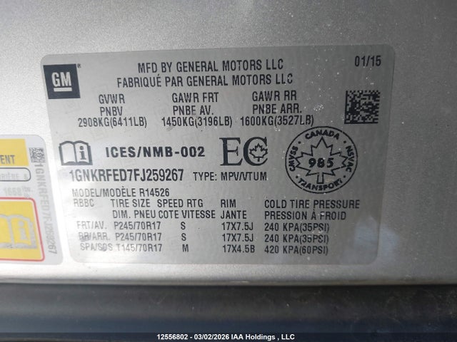 Aukcja sprzedaży 2015 Chevrolet Traverse Ls, vin: 1GNKRFED7FJ259267, numer aukcji: 12556802