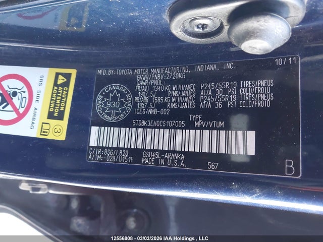 12556808 :رقم المزاد ، 5TDBK3EH0CS107005 vin ، 2012 Toyota Highlander مزاد بيع