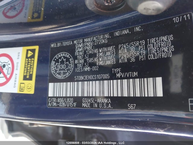 12556808 :رقم المزاد ، 5TDBK3EH0CS107005 vin ، 2012 Toyota Highlander مزاد بيع