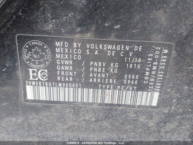 2020 Volkswagen Jetta Sel მანქანა იყიდება აუქციონზე, vin: 3VWEB7BU7LM005431, აუქციონის ნომერი: 12556812
