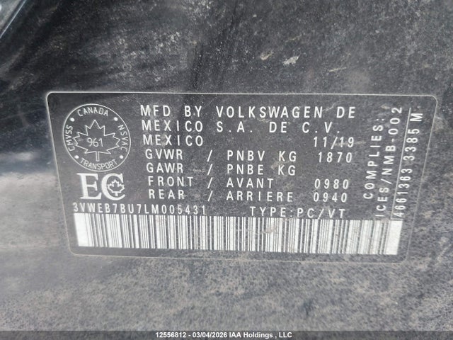 2020 Volkswagen Jetta Sel მანქანა იყიდება აუქციონზე, vin: 3VWEB7BU7LM005431, აუქციონის ნომერი: 12556812
