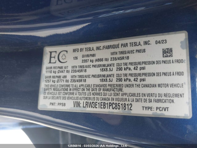 Продажа на аукционе авто 2023 Tesla Model 3, vin: LRW3E1EB1PC851812, номер лота: 12556816