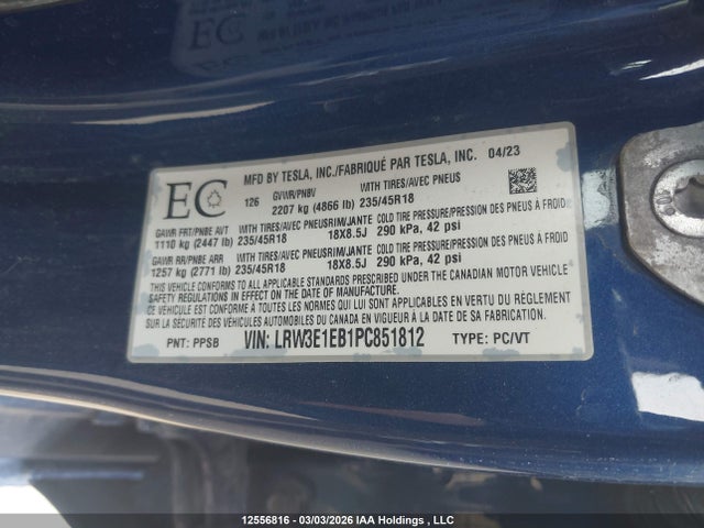 Продажа на аукционе авто 2023 Tesla Model 3, vin: LRW3E1EB1PC851812, номер лота: 12556816