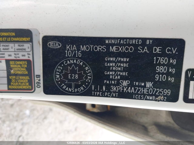 2017 Kia Forte Ex/ex Luxury/ex+/lx/lx+ მანქანა იყიდება აუქციონზე, vin: 3KPFK4A72HE072599, აუქციონის ნომერი: 12556826