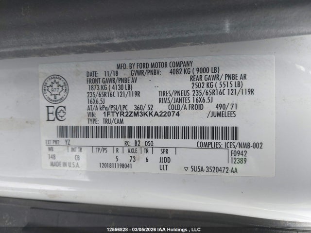 Aukcja sprzedaży 2019 Ford Transit-250, vin: 1FTYR2ZM3KKA22074, numer aukcji: 12556828