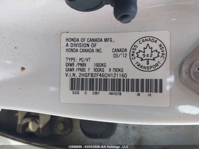 Aukcja sprzedaży 2012 Honda Civic, vin: 2HGFB2F46CH121160, numer aukcji: 12556859