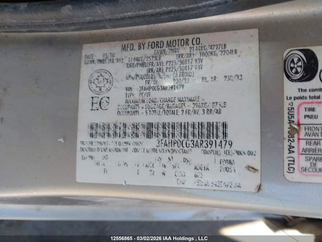 2010 Ford Fusion Sel მანქანა იყიდება აუქციონზე, vin: 3FAHP0CG3AR391479, აუქციონის ნომერი: 12556865