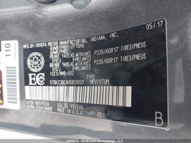 12556872 :رقم المزاد ، 5TDKZ3DCXHS859920 vin ، 2017 Toyota Sienna Le 8 Passenger مزاد بيع