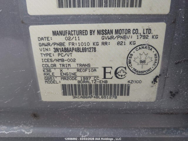 Продажа на аукционе авто 2011 Nissan Sentra 2.0/2.0s/sr/2.0sl, vin: 3N1AB6AP4BL691278, номер лота: 12556892