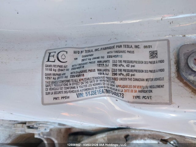 Aukcja sprzedaży 2021 Tesla Model 3 Standard Range/standard Range Plus, vin: 5YJ3E1EA7MF048673, numer aukcji: 12556902