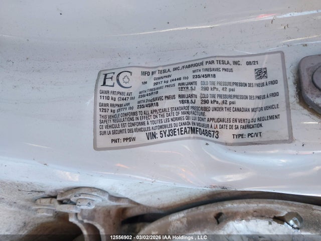 Aukcja sprzedaży 2021 Tesla Model 3 Standard Range/standard Range Plus, vin: 5YJ3E1EA7MF048673, numer aukcji: 12556902