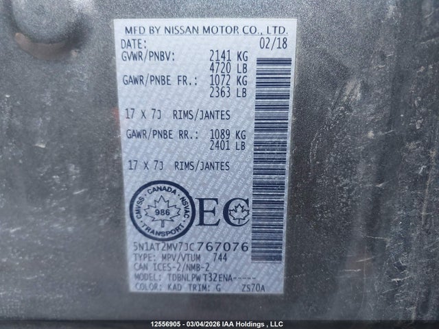 5N1AT2MV7JC767076 Nissan Rogue Sv/sl